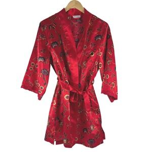 Delta Burke Red Floral Satin Kimono Robe Lace Trim Belted Short Sleepwear L